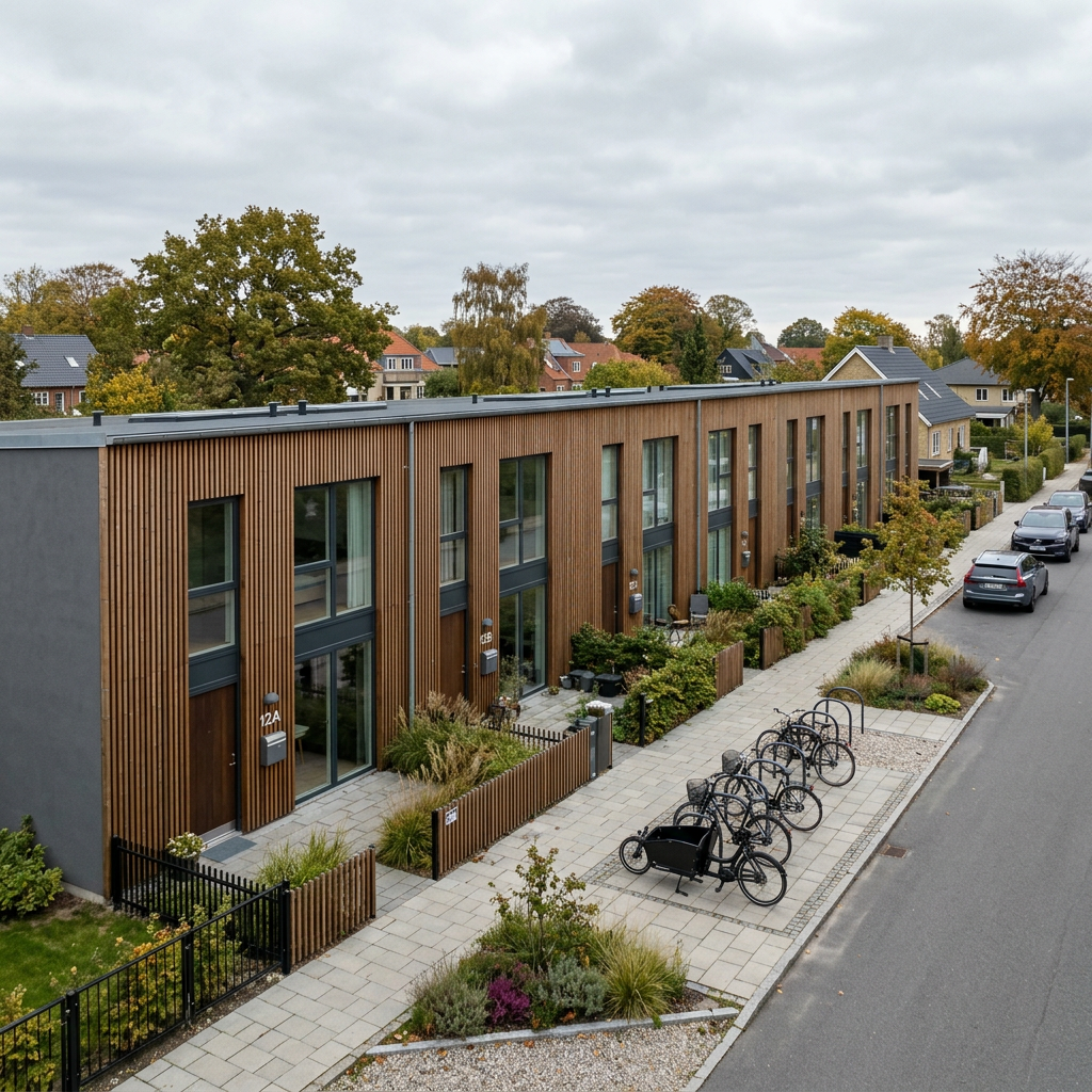 Trælamel-facade med terrasse