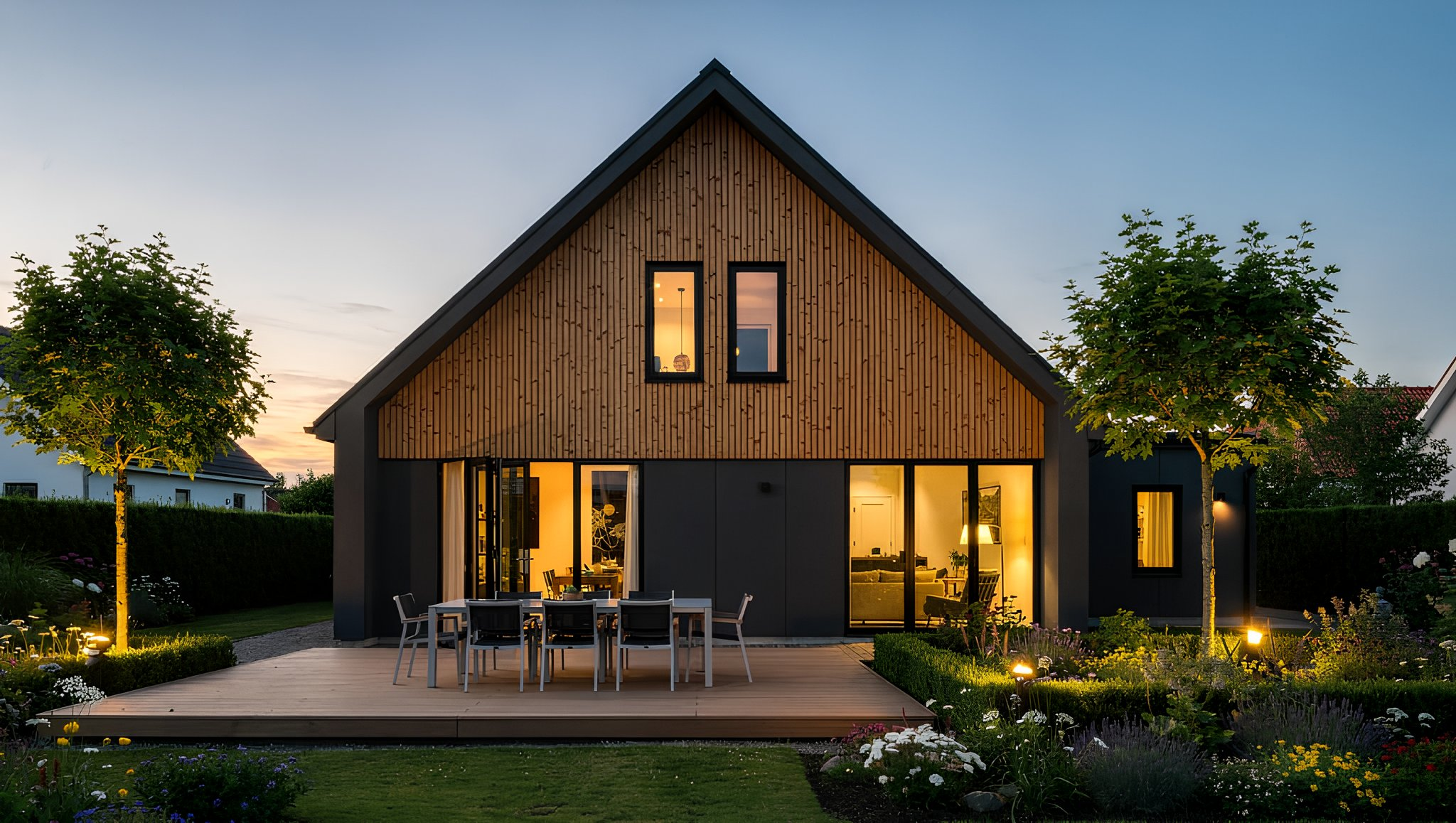 Trælamel-panel som elegant bagvæg i moderne udekøkken